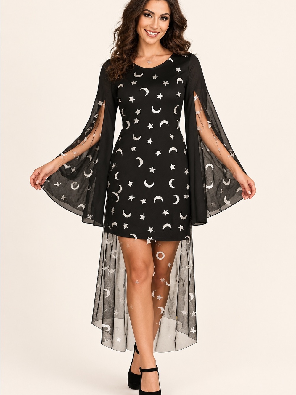 Woman’s Witch Halloween Costume / Black Moon & Star Celestial Dress Costume